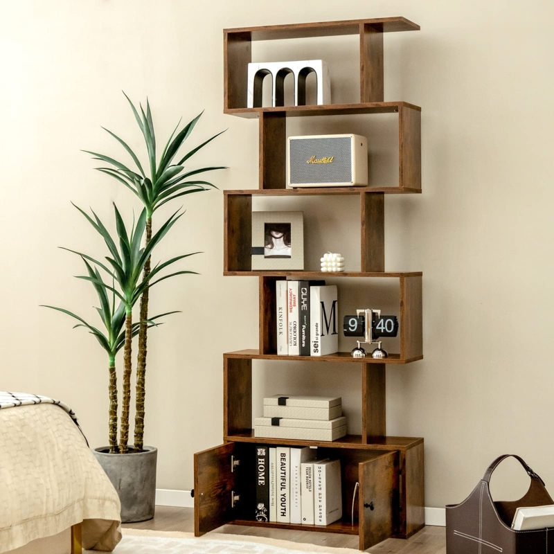 Rustic Brown S-Shaped Bookshelf with Base Cabinet
