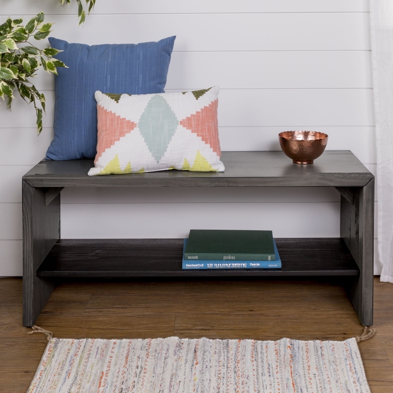 Rustic Dark Gray Entryway Bench with Open Lower Storage Shelf