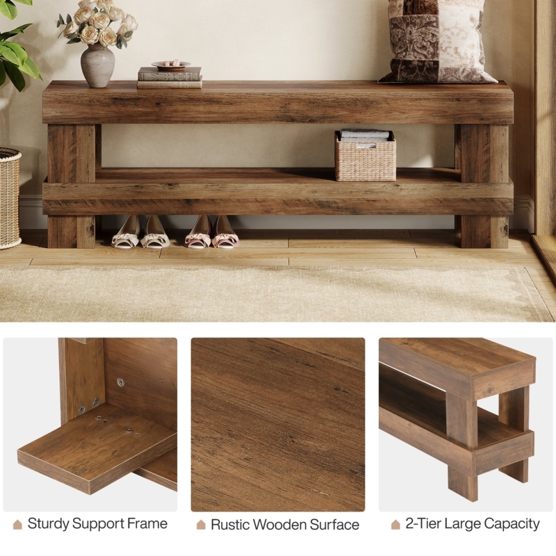 Rustic Entryway Bench with Chunky Frame and Visible Wood Grain