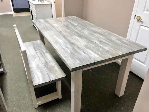 Rustic Farmhouse Dining Bench with High Back and Whitewashed Finish