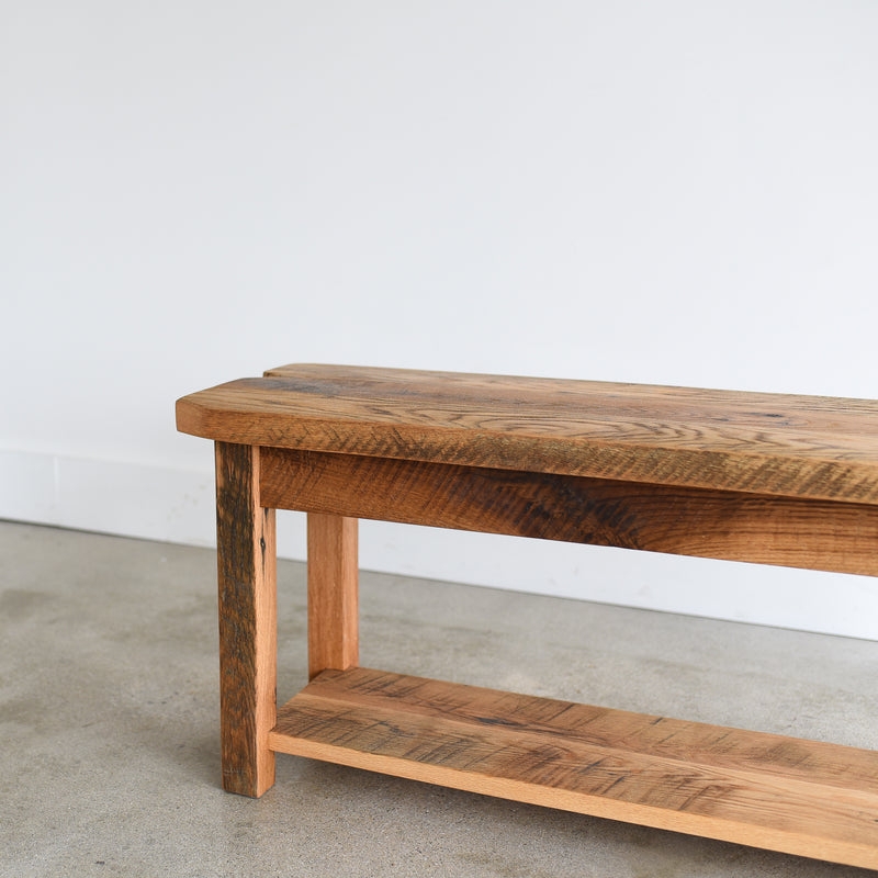 Rustic Farmhouse Entryway Bench with Reclaimed Wood Look and Lower Shelf