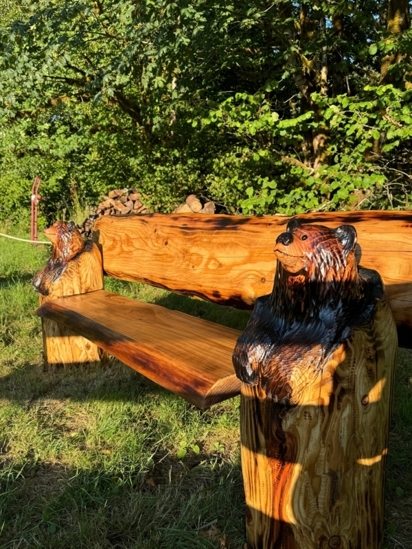 Rustic Garden Bench Live Edge Slab with Hand Carved Bear Log Base