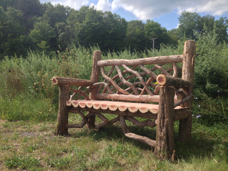 Rustic Garden Bench Organic Log Construction Curved Backrest Artisan