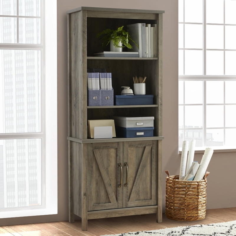 Rustic Gray Bookcase with X-Frame Doors; Farmhouse Office Ideas.