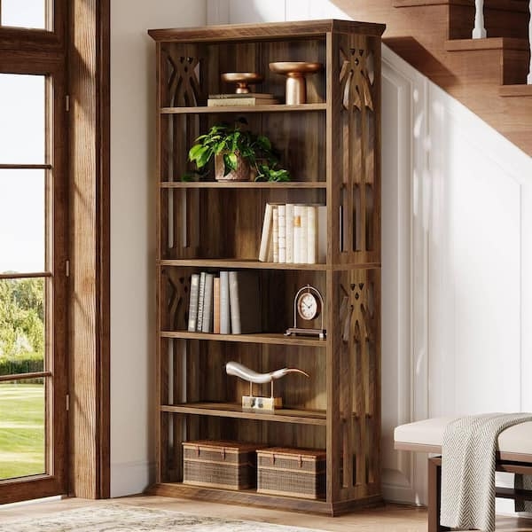 Rustic Industrial 6-Tier Bookshelf with Open Metal Frame