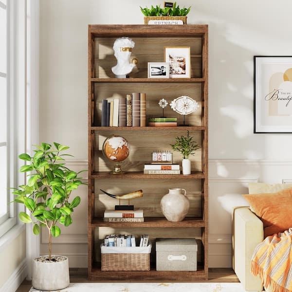 Rustic Industrial Bookcase with Five Open Tiers and Metal Frame