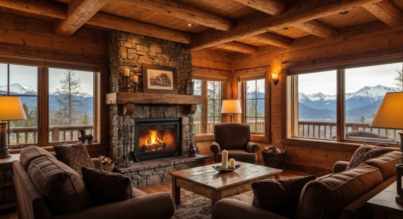 Rustic Mountain Lodge Living Room with Stone Fireplace and Timber Beams