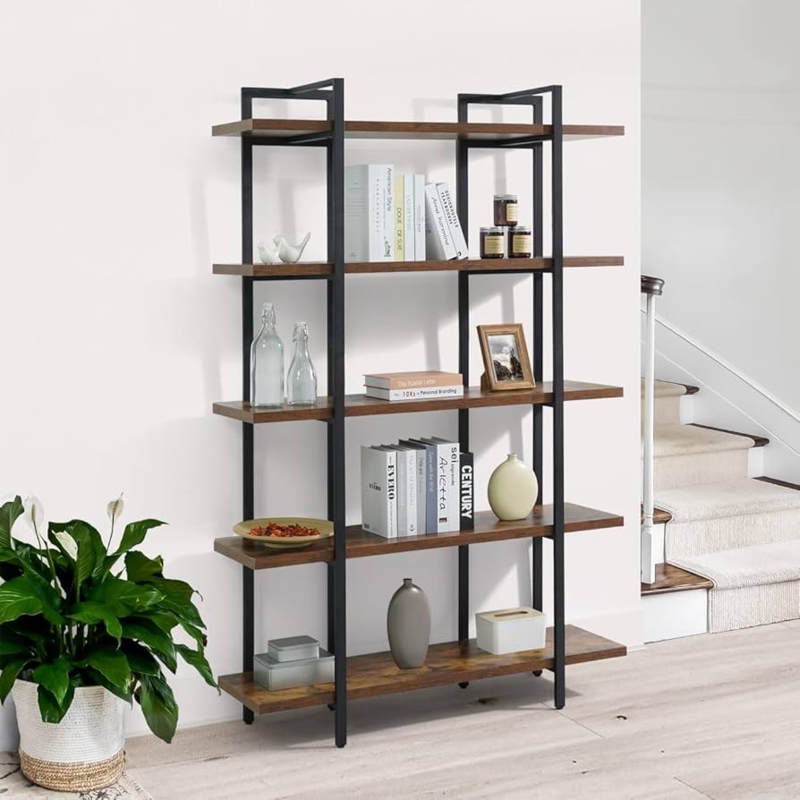 Rustic Oak Bookshelf, 5-Tier Metal Frame with X-Back Brace.