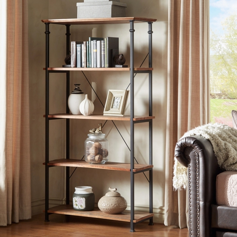 Rustic Oak Finish Bookcase, Slender Industrial Metal X-Back.