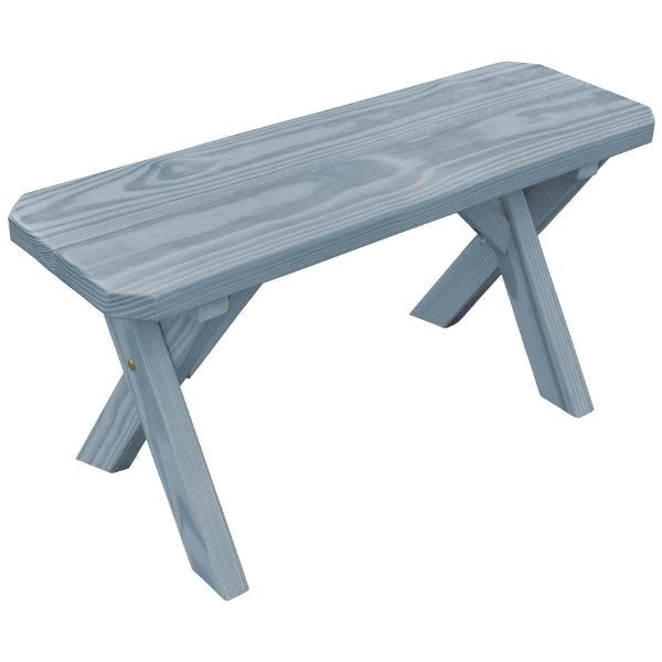 Rustic Outdoor Bench with Blue-Gray Stain and Sturdy Crossleg Base