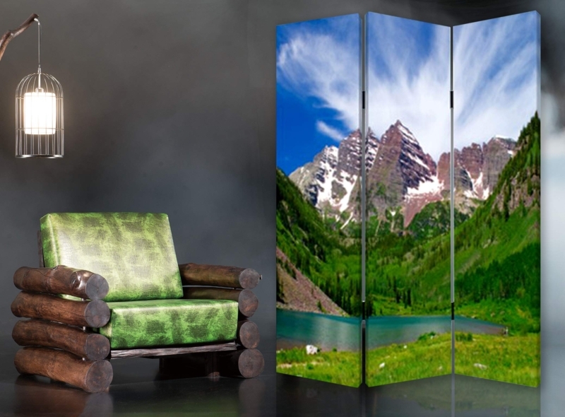 Rustic Room Divider with Mountain Landscape Print and Log Frame Accents