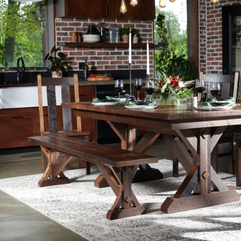 Rustic Trestle Dining Bench, Distressed Wood, X-Frame Support