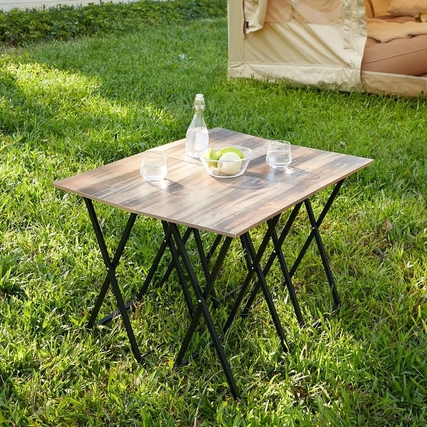 Rustic TV Tray Set Brown Wood Metal Legs Portable Dining Solution