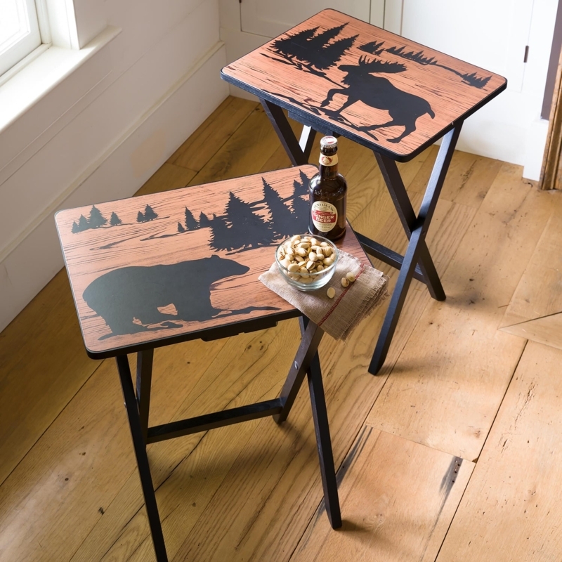 Rustic TV Tray Table Set Wildlife Motif Wood Toned Metal Base