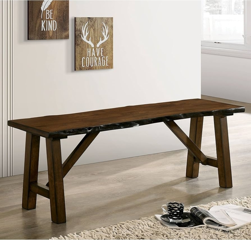 - Rustic Walnut Bench with Wooden Seat Brown Farmhouse French  Country Wood Finish - Table Benches