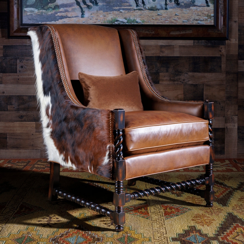 Rustic Western Accent Chair Cowhide Tooled Leather Nailhead Trim