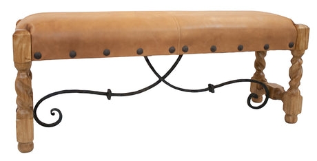 Rustic Western Leather Bench, Barley Twist Legs, Scrolled Metal Base