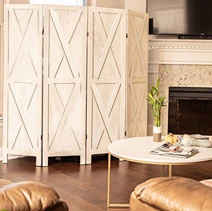 Rustic Whitewashed Room Divider with X-Frame Bracing