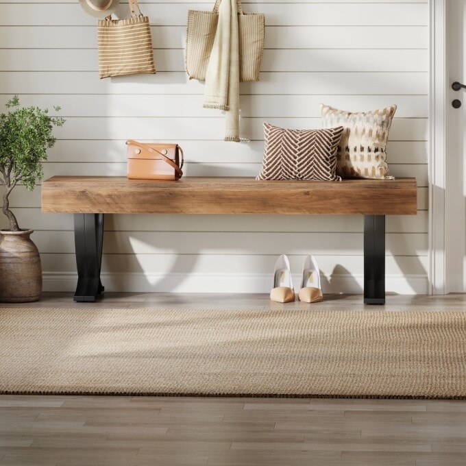 Rustic Wood and Metal Bench with Two Tier Mesh Shoe Storage