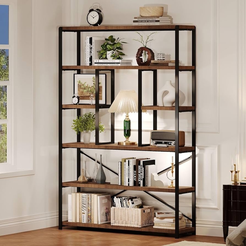 Rustic Wood and Metal Etagere Bookshelf with X-Frame Brace
