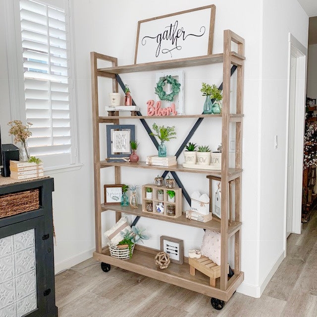 Rustic Wood Bookcase with X-Side Bracing; Five Tier Storage Unit.