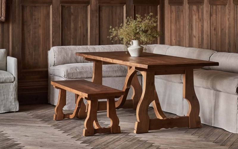 Rustic Wood Dining Bench, Curved Trestle Legs, Distressed Finish