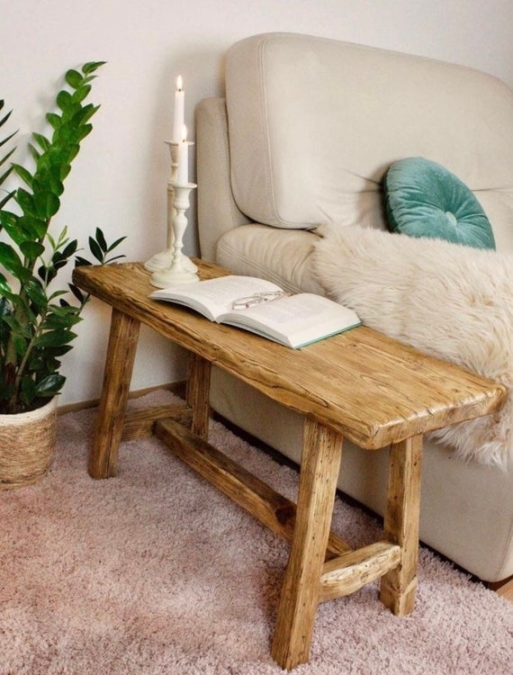 Rustic Wooden Bench with Weathered Finish and Splayed Legs, Boho Farmhouse