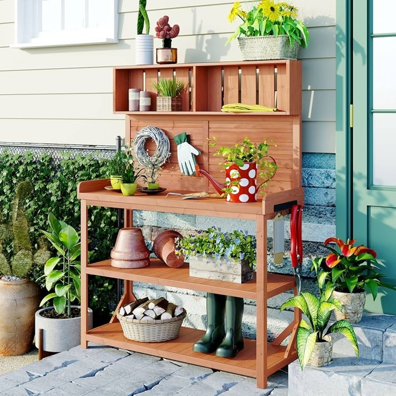 Rustic Wooden Potting Bench Workstation with Natural Finish and Hutch