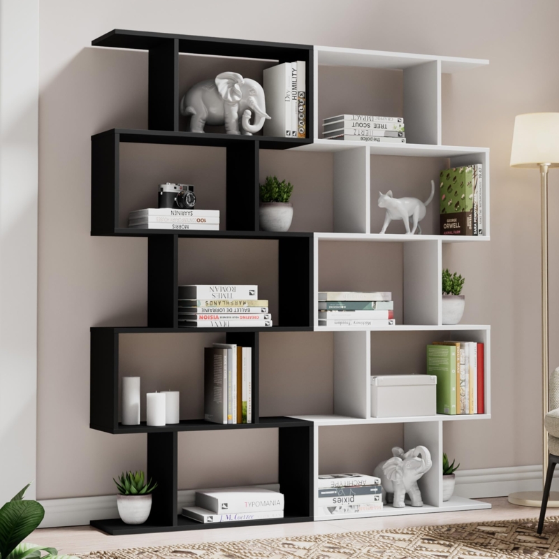 S-Shaped Bookcase Black & White Matte Finish Geometric Room Divider