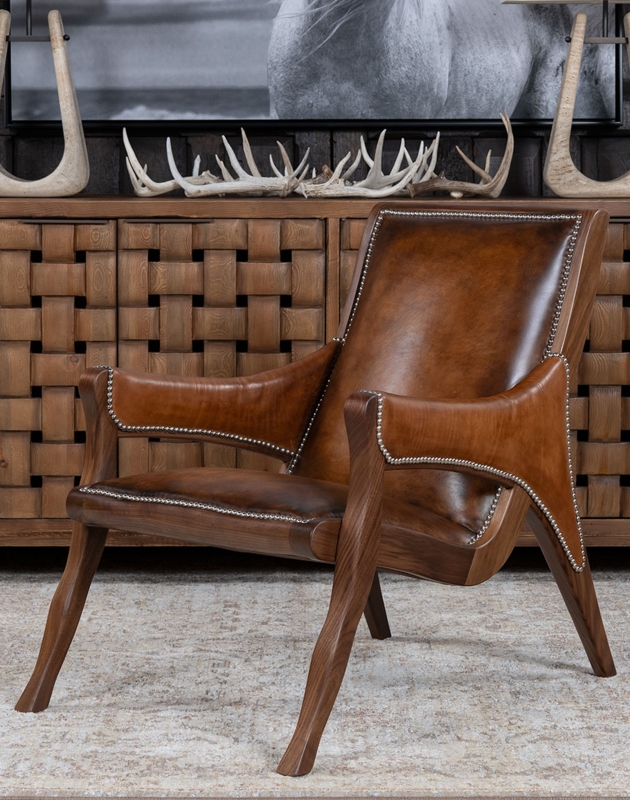 Saddle Tan Sling Chair Modern Rustic Architectural Wood Frame