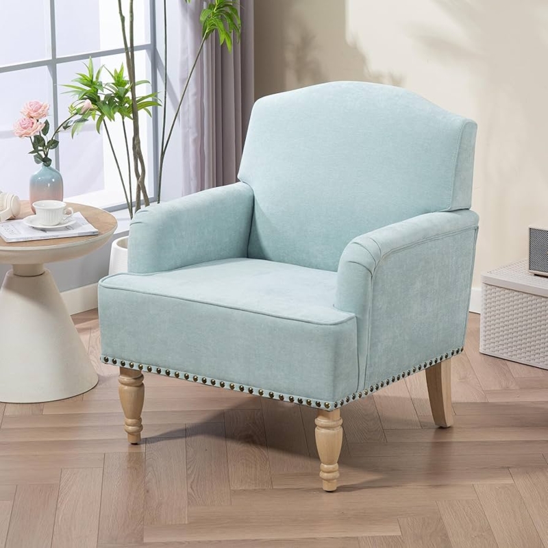 Sage Green Accent Chair with Nailhead Trim and Wood Frame