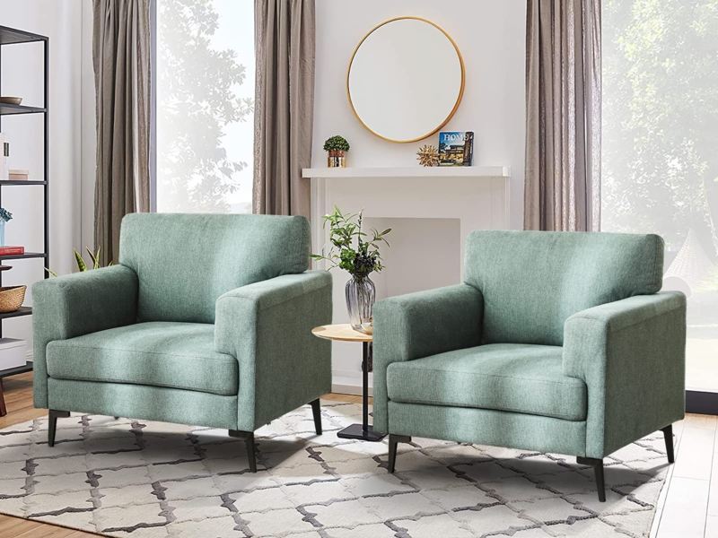 Sage Green Accent Chair with Sculpted Wood Frame and Tapered Legs
