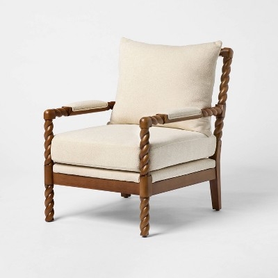 Scandinavian Accent Chair with Pillow Top Cushions and Exposed Wood Frame