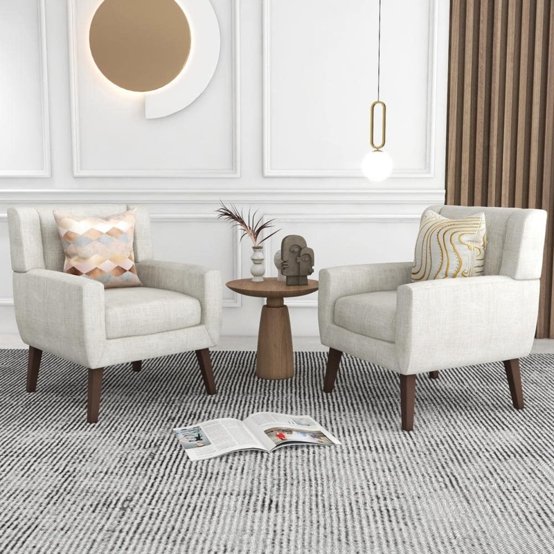 Scandinavian Accent Chairs with Sloped Arms and Linen-Like Texture.