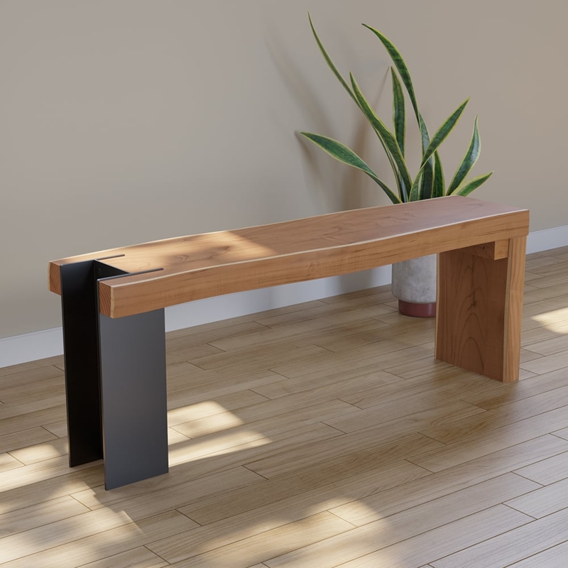 Scandinavian Bench Light Wood-Toned Seat with Metal Sled Base