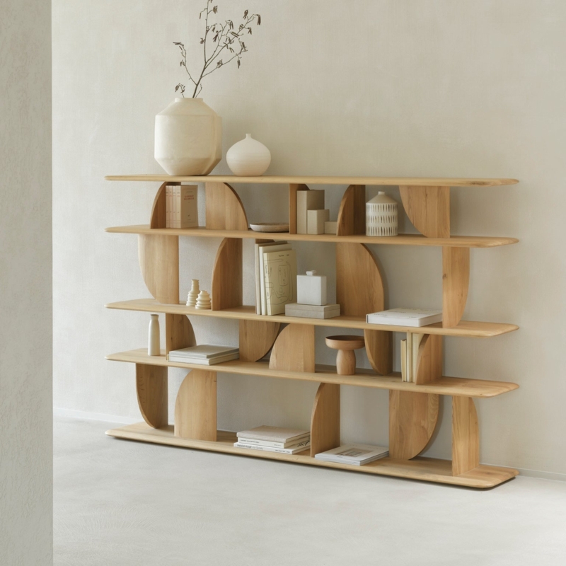 Scandinavian Bookcase Light Wood Geometric Grid