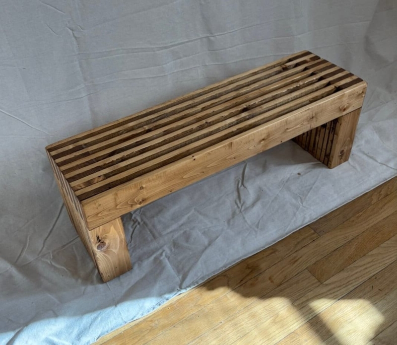Scandinavian Slatted Wood Bench Block Leg Silhouette