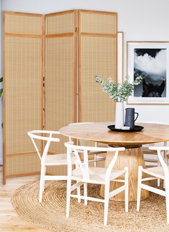 Scandinavian Three-Panel Folding Screen with Woven Bamboo Inserts