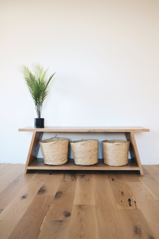 Scandinavian Wood Bench with Angled Side Panels and Two Tier Storage