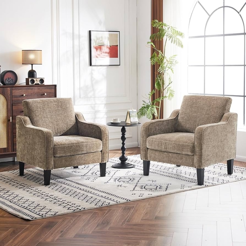 Scooped Armchair Set of 2 Light Brown Fabric Tapered Black Metal Legs