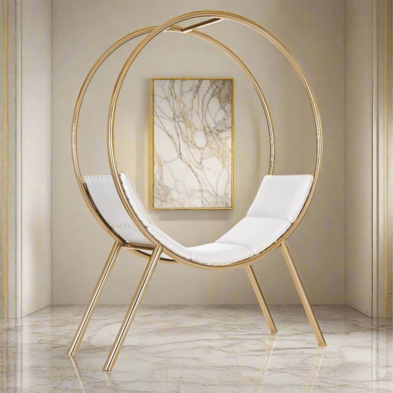 Sculptural Accent Bench with Metallic Ring Frame and Upholstered Seat