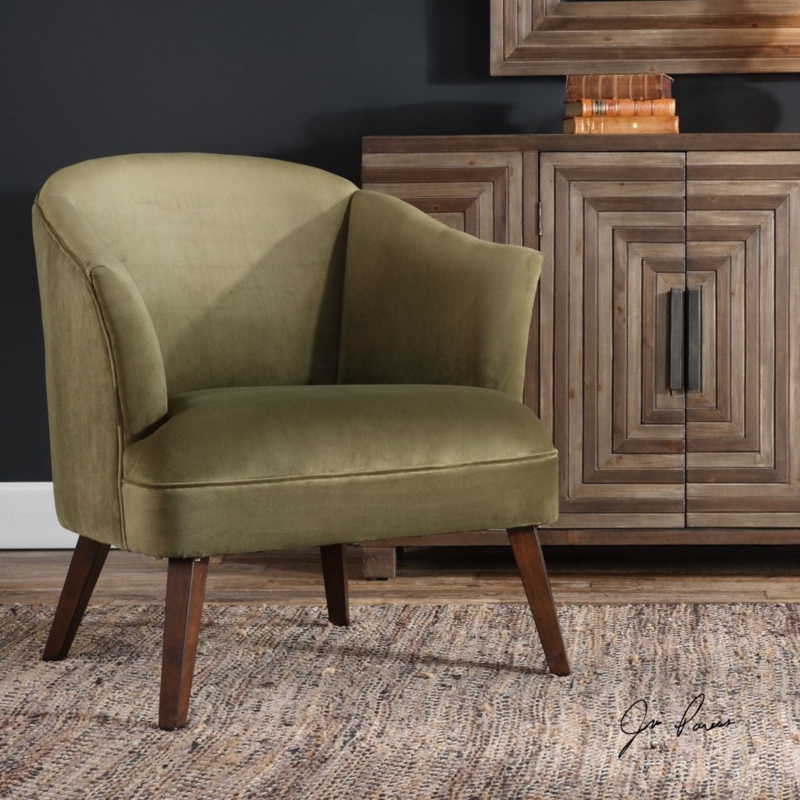 Sculptural Armchair Olive Woven Fabric Dark Walnut Frame Open Back Retro