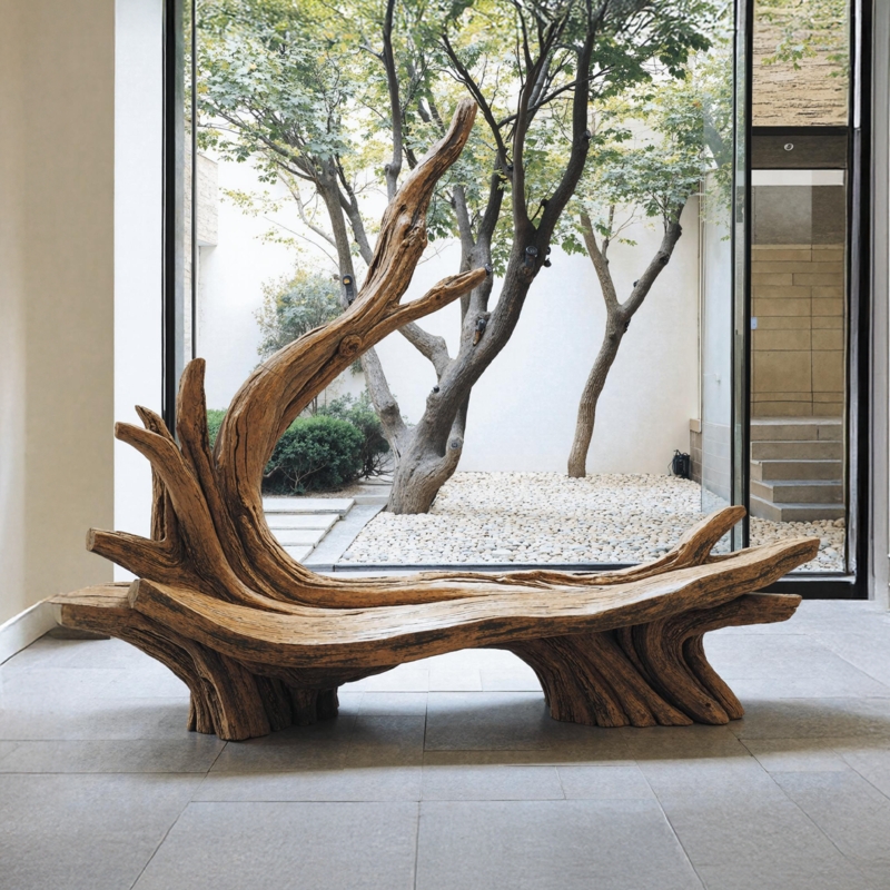 Sculptural Garden Bench Live Edge with Gnarled Wood Branch Base