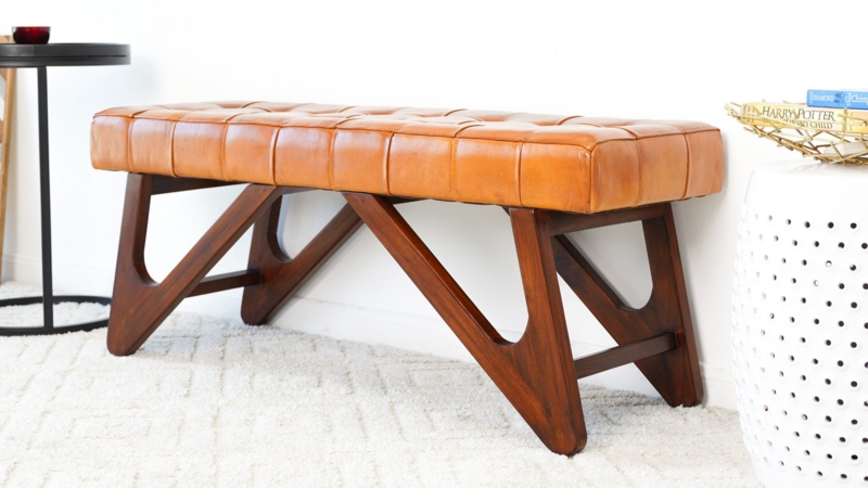 Sculptural Wood Base Bench, Geometric Trestle, Cognac Grid Tufting