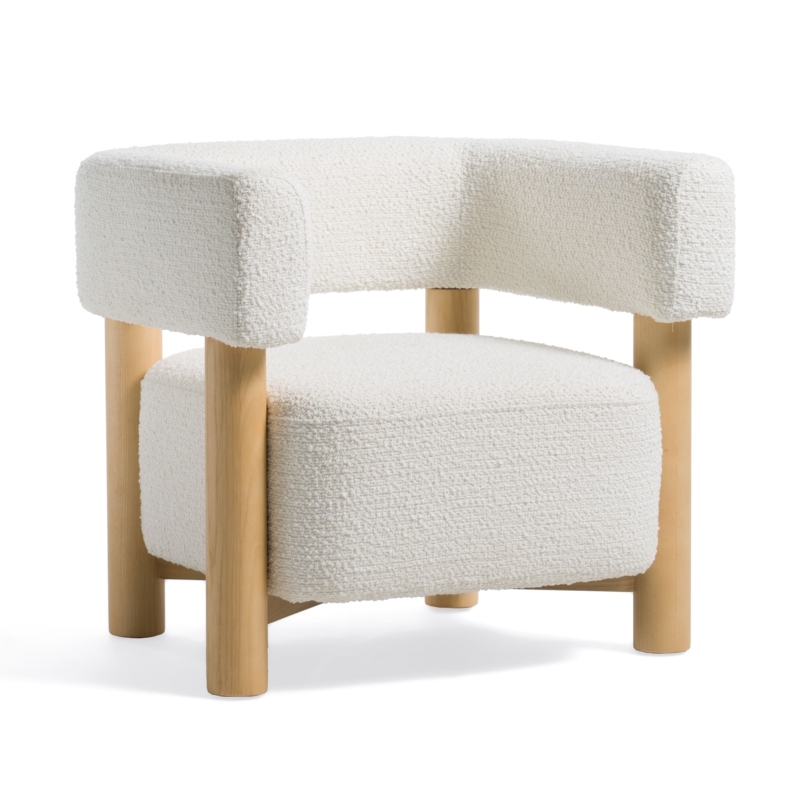 Sculptural Wood Frame Accent Chair: Boucle Texture, Wingback Silhouette.