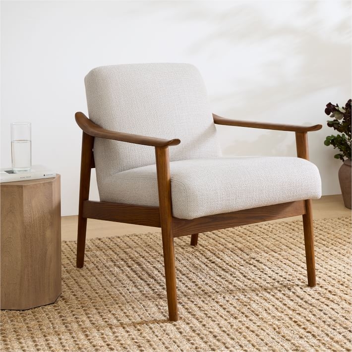 Sculptural Wood Frame Chair, Mid-Century Modern, Tapered Legs, Sand