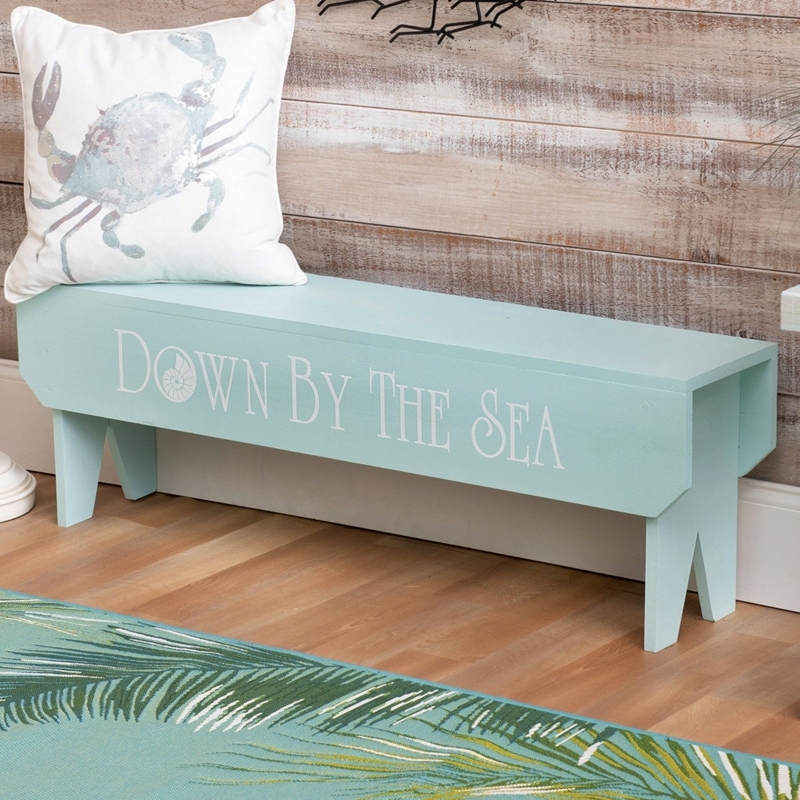 Seafoam Blue Bench with Down By The Sea Text and Notched Legs