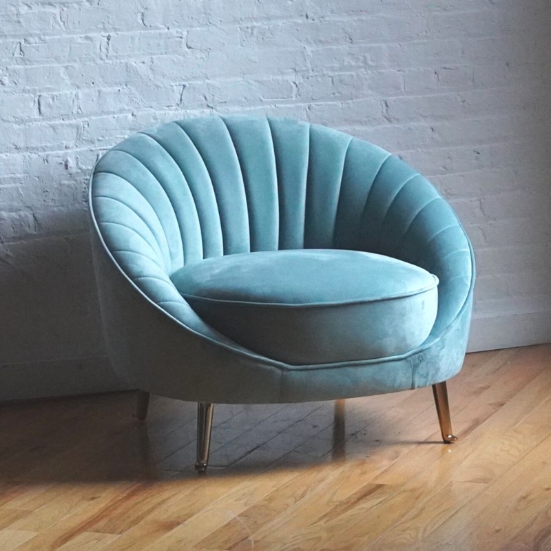 Seafoam Green Velvet-Like Chair with Seashell Back and Gold Legs
