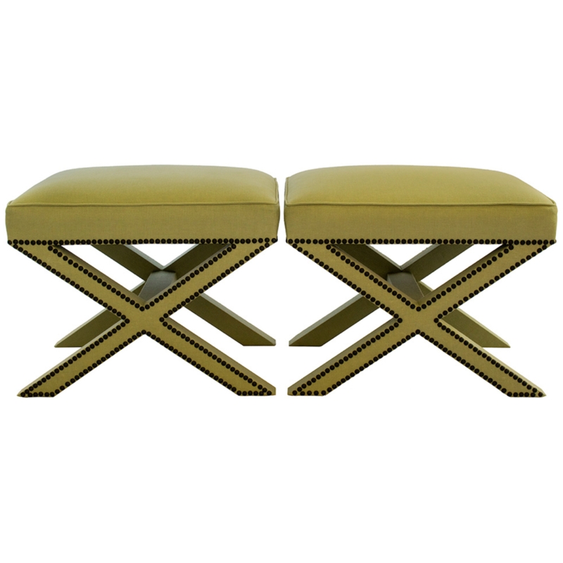 Set of 2 Accent Benches with Tight Top Seats and Dark Wood X-Bases