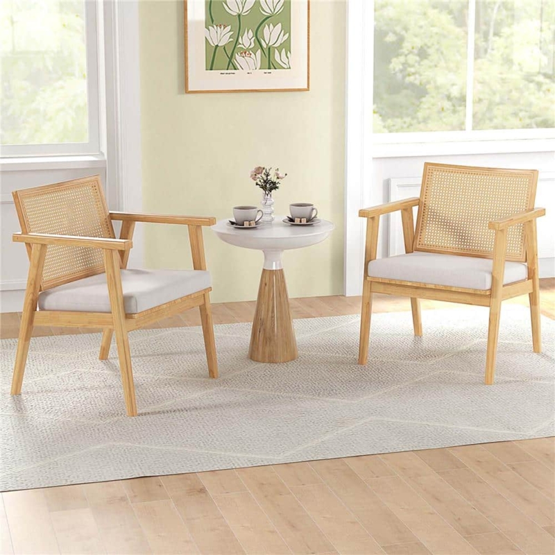 Set of 2 Accent Chairs with Rattan Back and Curved Wood Arms